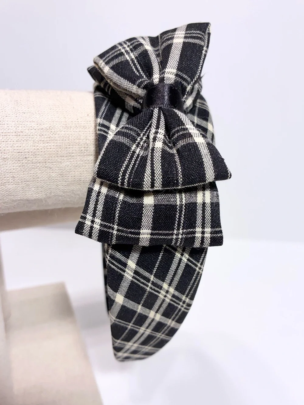 Plaid Double Bow Wide Headband Black & Ivory